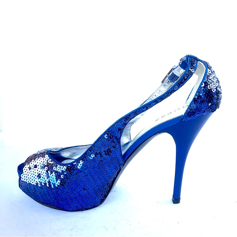 GUESS Whondola Royal Blue Glitter Peep Toe Platform Heels Sz 10